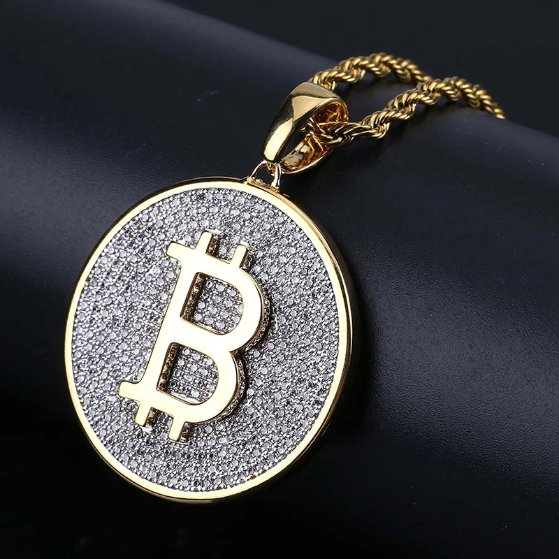 Хип хоп микро проложили AAA+ кубический цирконий Iced Out Bling Gold Bitcoin подвески ожерелье для мужчин и женщин рэппер ювелирные изделия