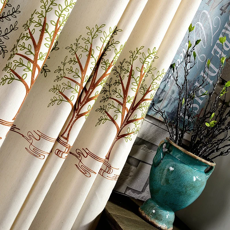 Cotton Curtains Simple Style Window Drapes Finished Linen Curtains Pastoral Embroidered Curtains for Bedroom Contracted