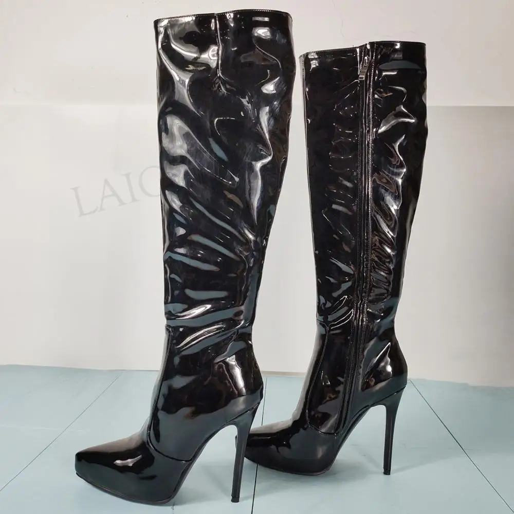 LAIGZEM Shiny Women Knee High Boots Stiletto Heels Side Zipper Boots Shoes Woman Winter Botas Mujer Winter Large Size 45 46 47