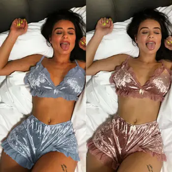 

Hirigin 2PCS Set Women Sexy Lace Velvet Nightwear Sleepwear Babydoll V neck Bra High waist Shorts G-string Underwear Sets