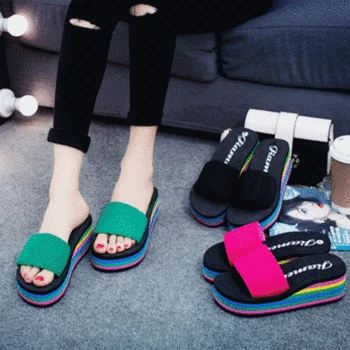 

Women Sandals Slippers New Summer Fashion Rainbow Slides Sandals Home Shoes Wedge Heels Beach Sandals 8 Style