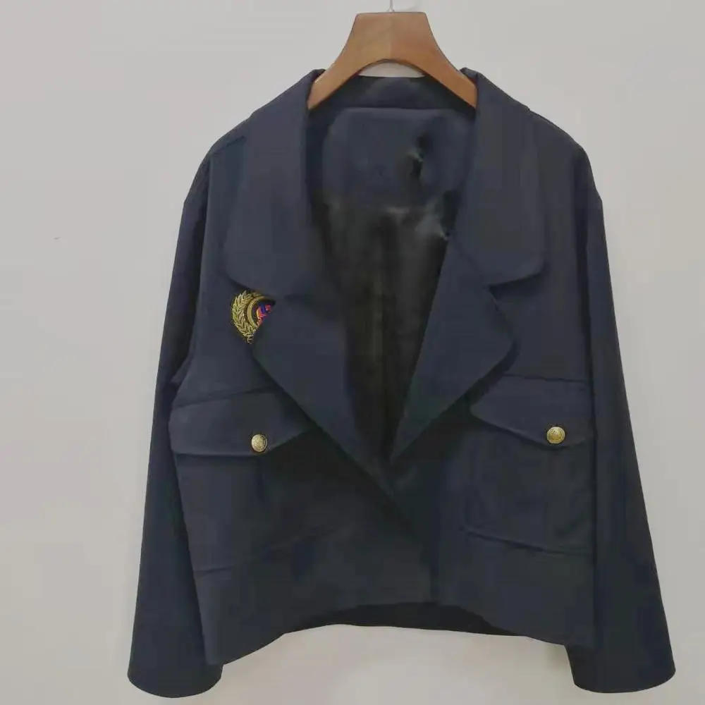 

Women's Single Button Coat Letter Long Sleeve Turn-down Collar Short Jacket with Pockets