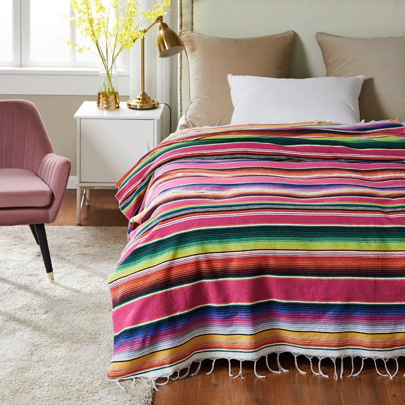 

Multifunctional Ethnic Style Handmade Beach Blanket Cotton Mexican Rainbow Blanket Home Tapestry Beach Picnic Travel Plane Mat