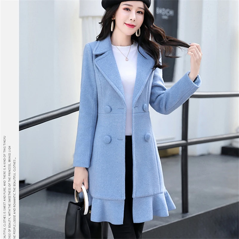 Light blue Длинное шерстяное Женское пальто осень зима Модное Новое Кружевное двубортное шерстяное пальто в стиле юбки женская верхняя одежда - Цвет: Light blue