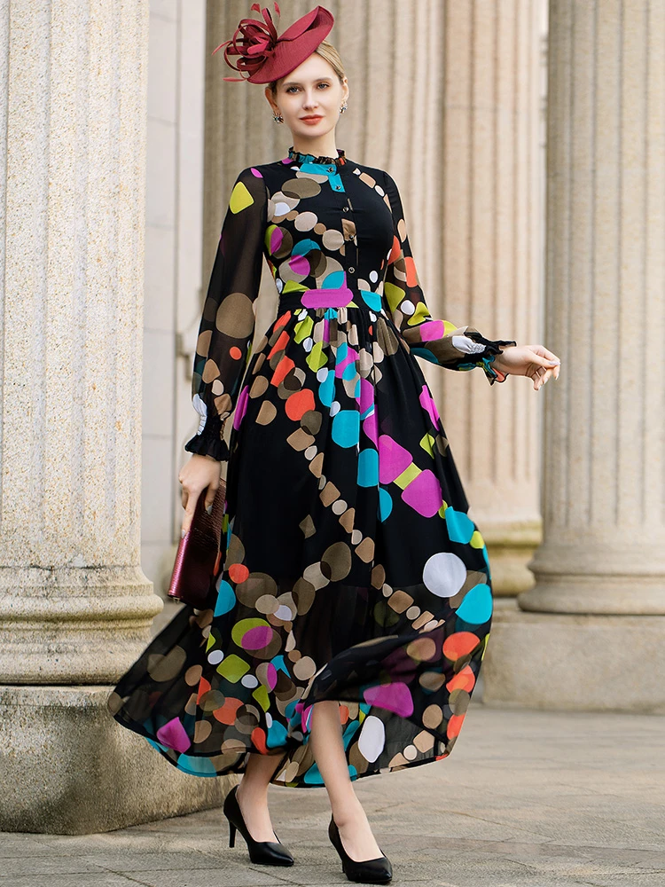 Chiffon Frühling Herbst Lange Kleid Büro Dame Elegante Abend Gedruckt  Kleidung Frauen Langarm Vollen Punkten DZ2567 - AliExpress Women's Clothing
