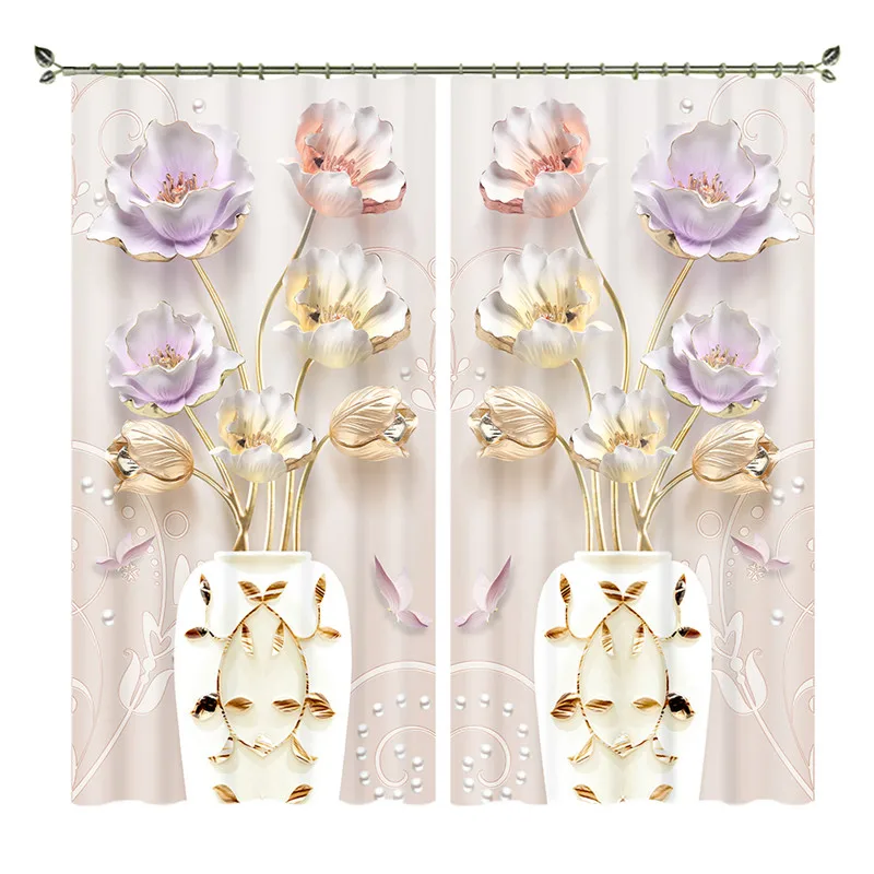 3D Luxury Blackout Curtain Classic Home Vase Pattern, Colored Flowers Bedroom Living Room Office Hotel Cortinas