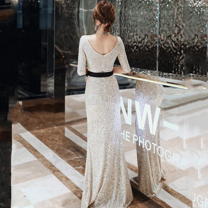 It's Yiiya Evening Dress Silver Shining Sequined Half Sleeve Gowns Mermaid Long Elegant Evening Dress Split Robe de soiree K064