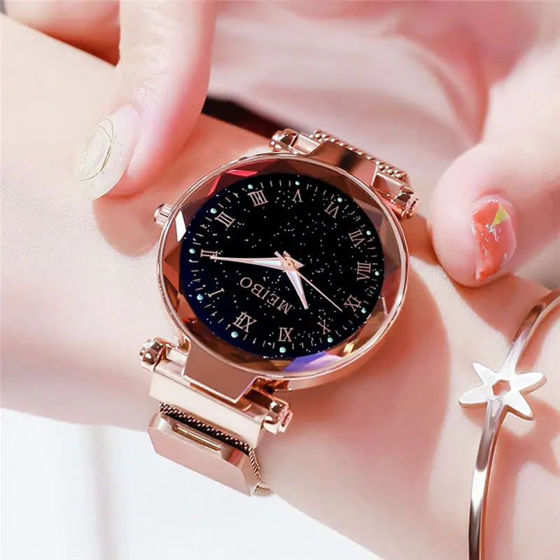 Магнитные часы для женщин, кварцевые часы из розового золота, Дамский Ночной светильник, звездное небо, часы, женские часы, relogio magnetico relogio feminino