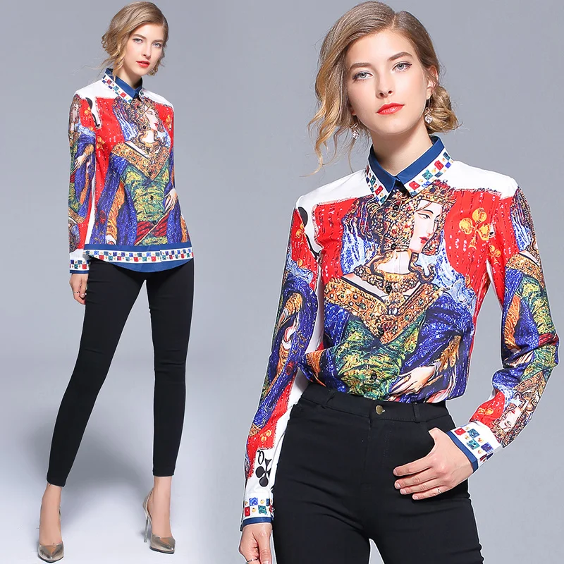

2019 Newest Autumn Printed Tops Shirt Women's Ladies Plus Size Blouses Long Sleeve Office Work Runway Slim Shirts Feminina 2XL