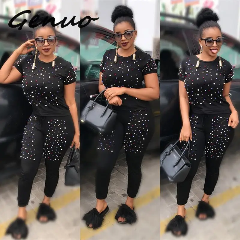 

Genuo Color Pearls Winter Overalls Autumn Shorts Sleeve Top+ Pant Tracksuit Fashion Sexy Women Set Two Pieces Jumpsuit Casual