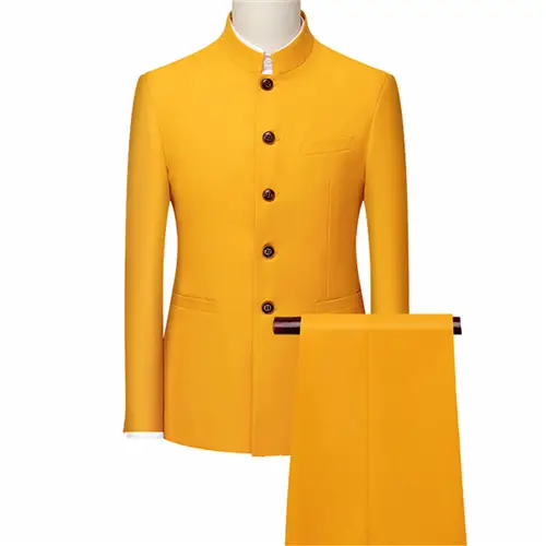 Men's White Single Breasted Stand Up Collar Suit 2-Piece, Chinese Style Red Slim-Fit Blazer Coat and Pants, Black, Blue, Yellow. - Image 11