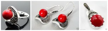 

Lady's designed Red Carved Lacquer Marcasite 925 Sterling Silver Ring(#7-10) Earrings & Pandent jewelry sets
