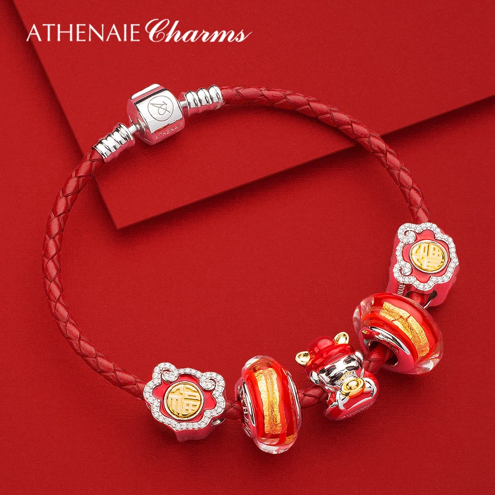ATHENAIE подлинное муранское стекло 925 серебро сердечник Красный горячий 18KT Золотой