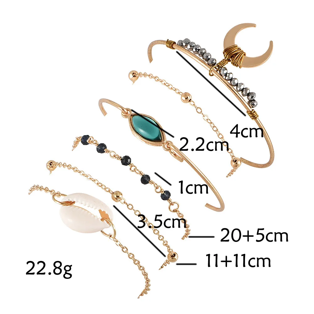 UODCM 6 шт./компл. этническое Золотое Набор браслетов со стразами большой зеленый камень Лунная ракушка браслет Для женщин Винтаж ювелирные изделия