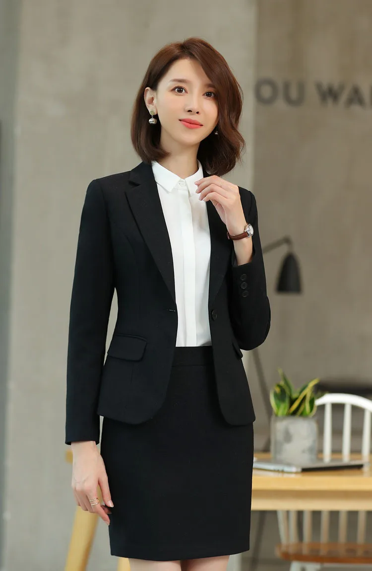 Black skirt suit Женский костюм, темперамент, большой размер, с отворотом, на одной пуговице, профессиональные брюки, костюм, осень и зима, женский костюм из двух предметов - Цвет: Black skirt suit