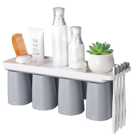 grey 4 cups Bathroom Toothbrush Rack Wall Mounted Magnetic Suction Cup Set Hanging Electric Toothpaste Holder Storage Organizer Shelf Tray - Цвет: grey 4 cups