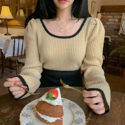 Женский свитер с буффами и длинным рукавом вязаный Топ 2020 Осень-зима корейский