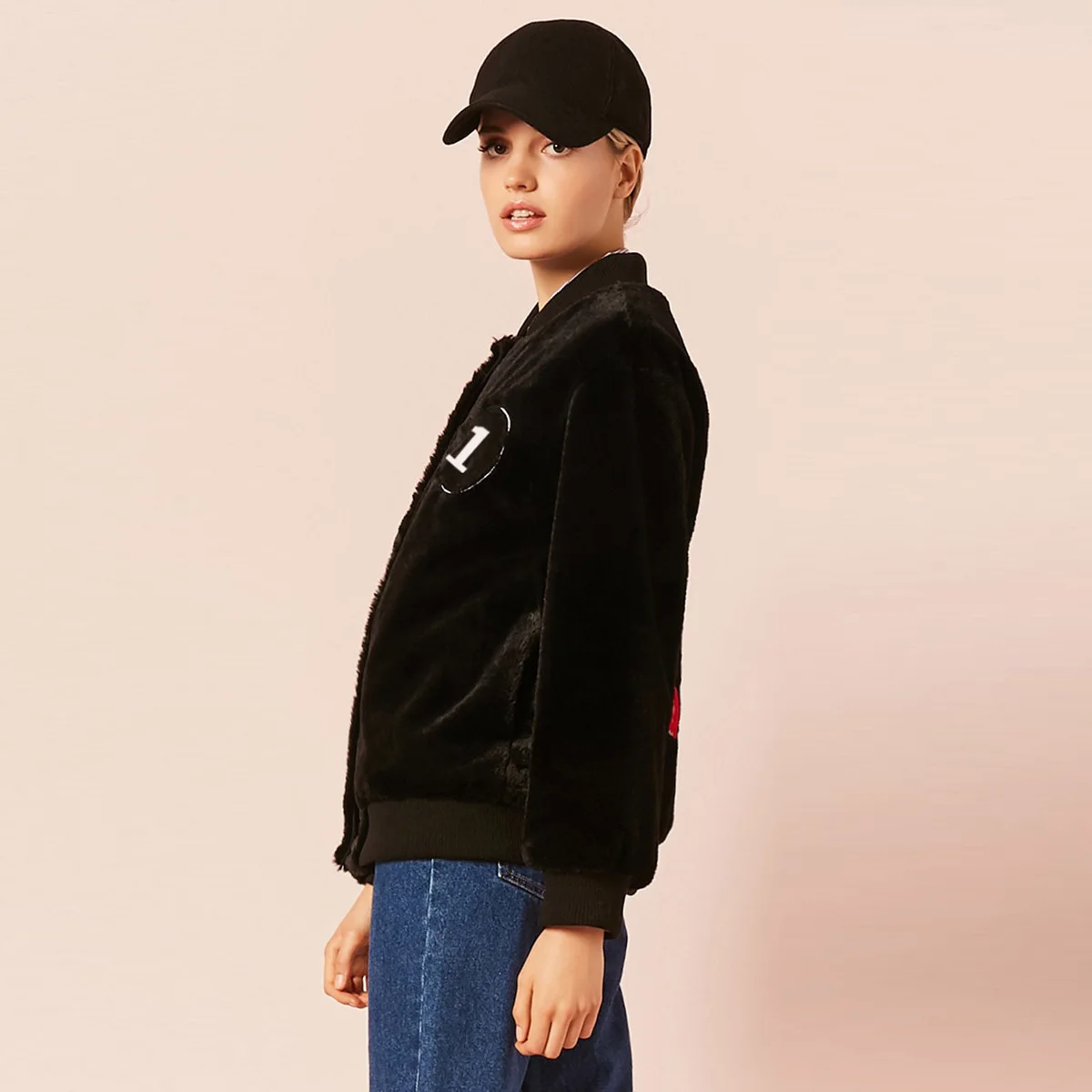 

[Haoduoyi] Casual Versatile Streetwear Women's Lettered Embroidered Printed Ribbed Pattern Cuff Faux Fur Jacket