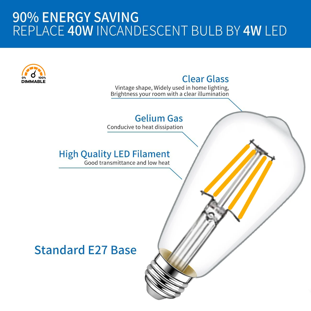 Hcnew 6PCS LED ST64 4W Warm White 2700K Intage Edison Filament Bulb Dimmable E27 220V 360 Degree Energy Light Lamp