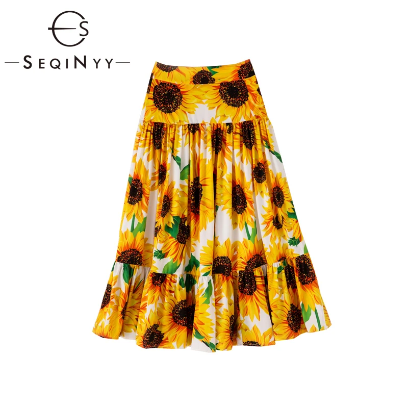 SEQINYY Sunflowers юбка Лето Весна модный дизайн Женская высокая уличная трапециевидная элегантная длинная юбка с принтом