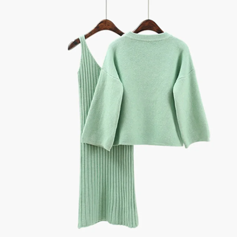 Комплект из 2 предметов, новое модное платье-свитер+ трикотажные пуловеры, Корейская версия, женский свитер с рукавом три четверти и круглым вырезом, топы - Цвет: Mint Green