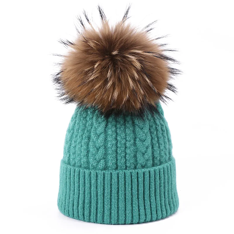 Вязанный натуральная шерсть помпон Skullies Beanies для девочек Женская Зимняя шерстяная теплая хлопковая шапка Уличная Повседневная Женский однотонный шапочки - Цвет: C
