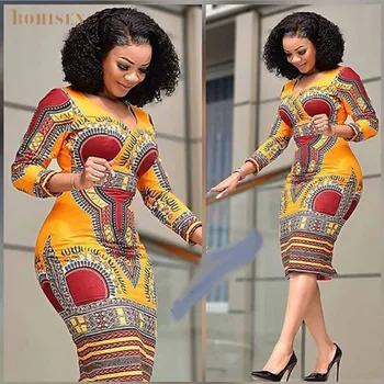 

BOHISEN Dashiki African Dresses For Women Bazin Ankara Dresses Riche Long Sleeve V-Neck Slim African Print Clothes For Women