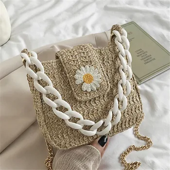 

Straw Beach Handbag Daisy Embroidery Women Shoulder Bag Fashion Chain Lady Crossbody Bag Leisure Vacation Shoulder Messenger Bag