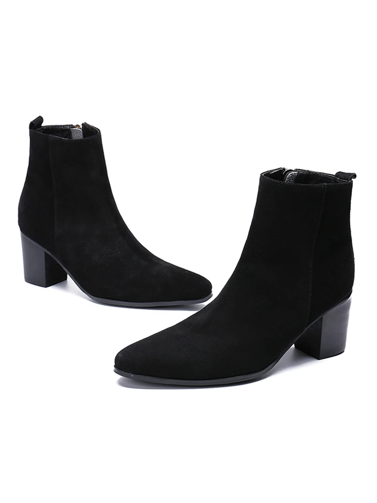 Plus Size New Elegant Man High Heels Pointed Toe Handmade Riding Shoes Cow Suede Leather Men's Motorcycle Ankle Boots SL636 - Цвет: Черный