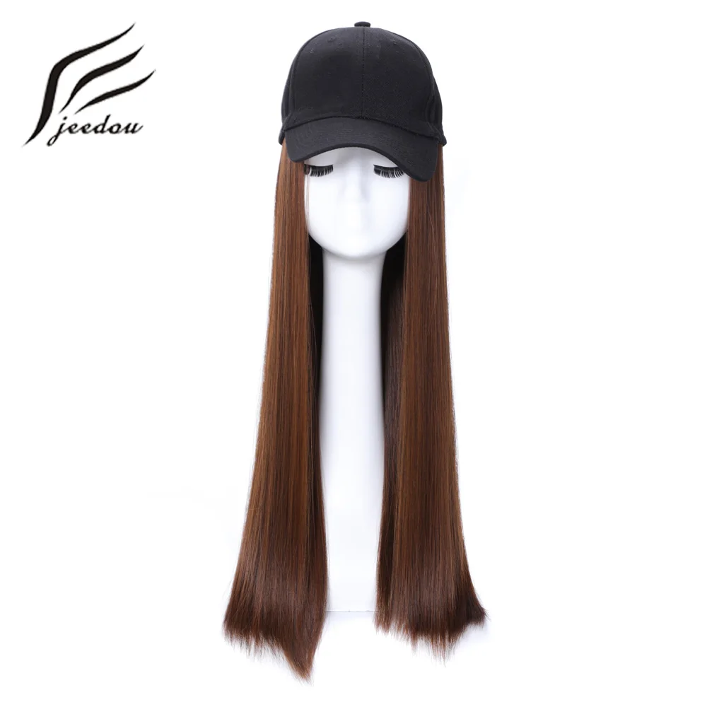 

jeedou Baseball Hat with Synthetic Hair Wig Black Brown Color Long Straight hair Extension with Baseball Cap Black Hat for women