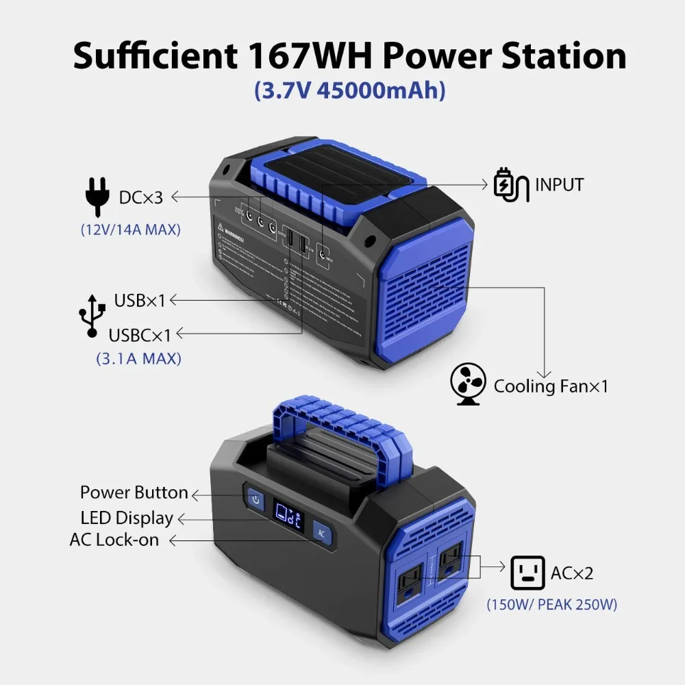 US $133.98 150W 45000mAh Camping Solar Generators Power Station AC Output High Capacity Power Bank Solar Panel Wall Socket For Laptop Phone