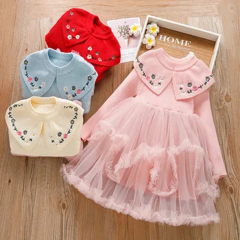 

Korean Girls Sweater Dress Fall Winter Embroidery Turn Down Collar Tutu Patchwork Dress for Old Girls Fashion Knit Clothing