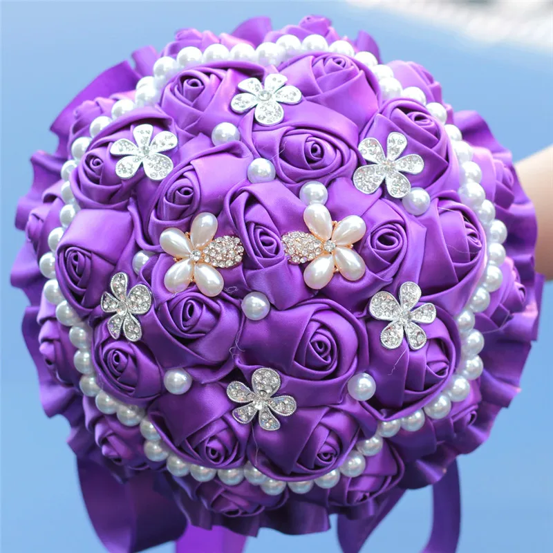 WifeLai-A 18CM Burgundy Wedding Flowers Diamond Bridal Bouquets Silk Rose Ribbon Satin Bouquet Fleur Artificielle 37Colors W225