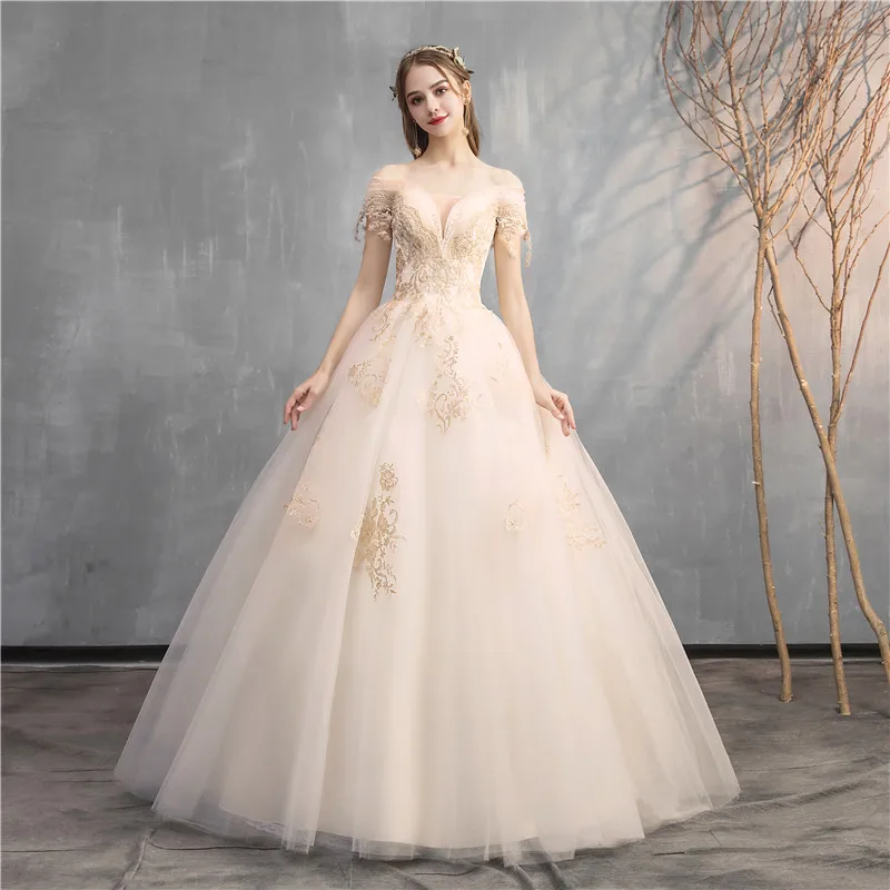 VLNUO NISA New Fashion Deep V-Neck Champagne Lace Wedding Dress Lace Up Custom Made Plus Size Bridal Gown Vestido De Noiva 30