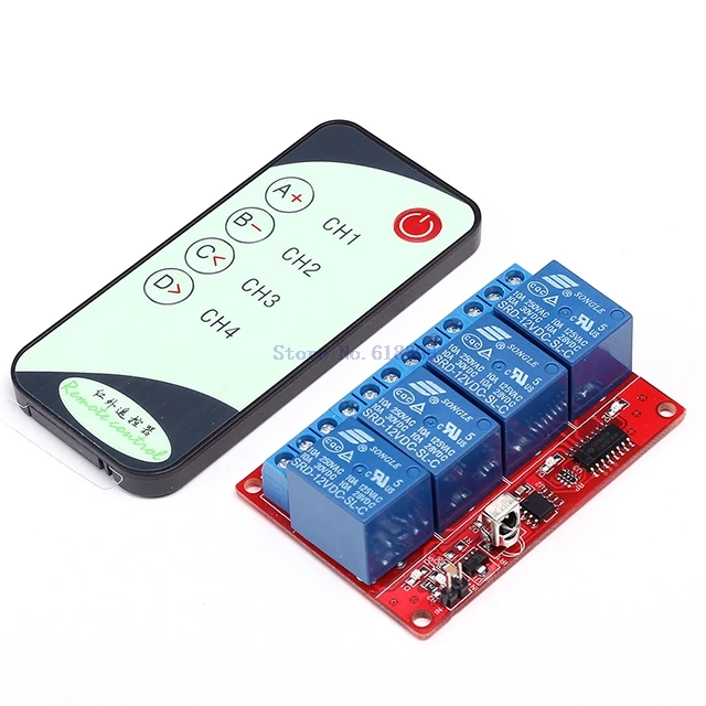 

A7-- 4 Channel 12V Infrared Receiver Relay Driver Board + 5-Key IR Remote Control Switch 150mA 8m 4CH Transmmiter