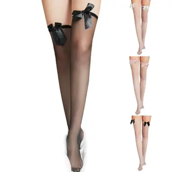 

Women Sexy Sheer Thigh High Stockings Solid Color Satin Bowknot Over Knee Socks