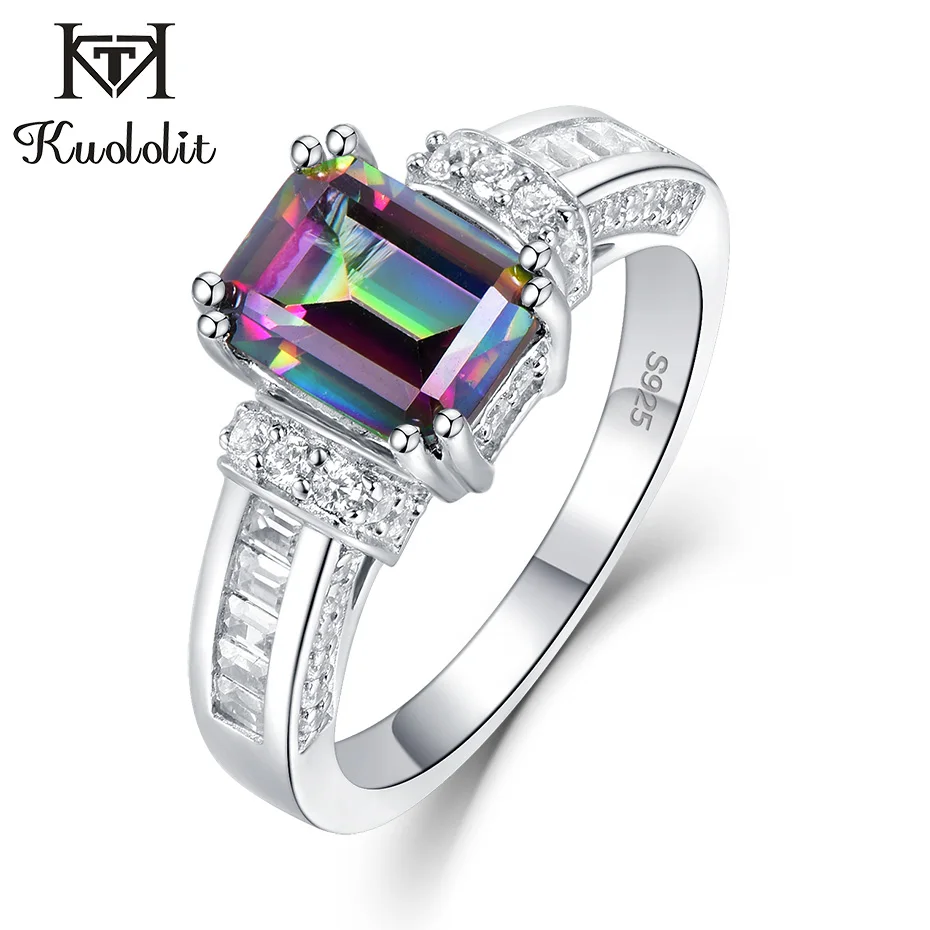 

Kuololit Natural Mystic Topaz Gemstone Rings for Men Women 925 Sterling Silver Rectangle Stone Size10 Engagement Fine Jewelry