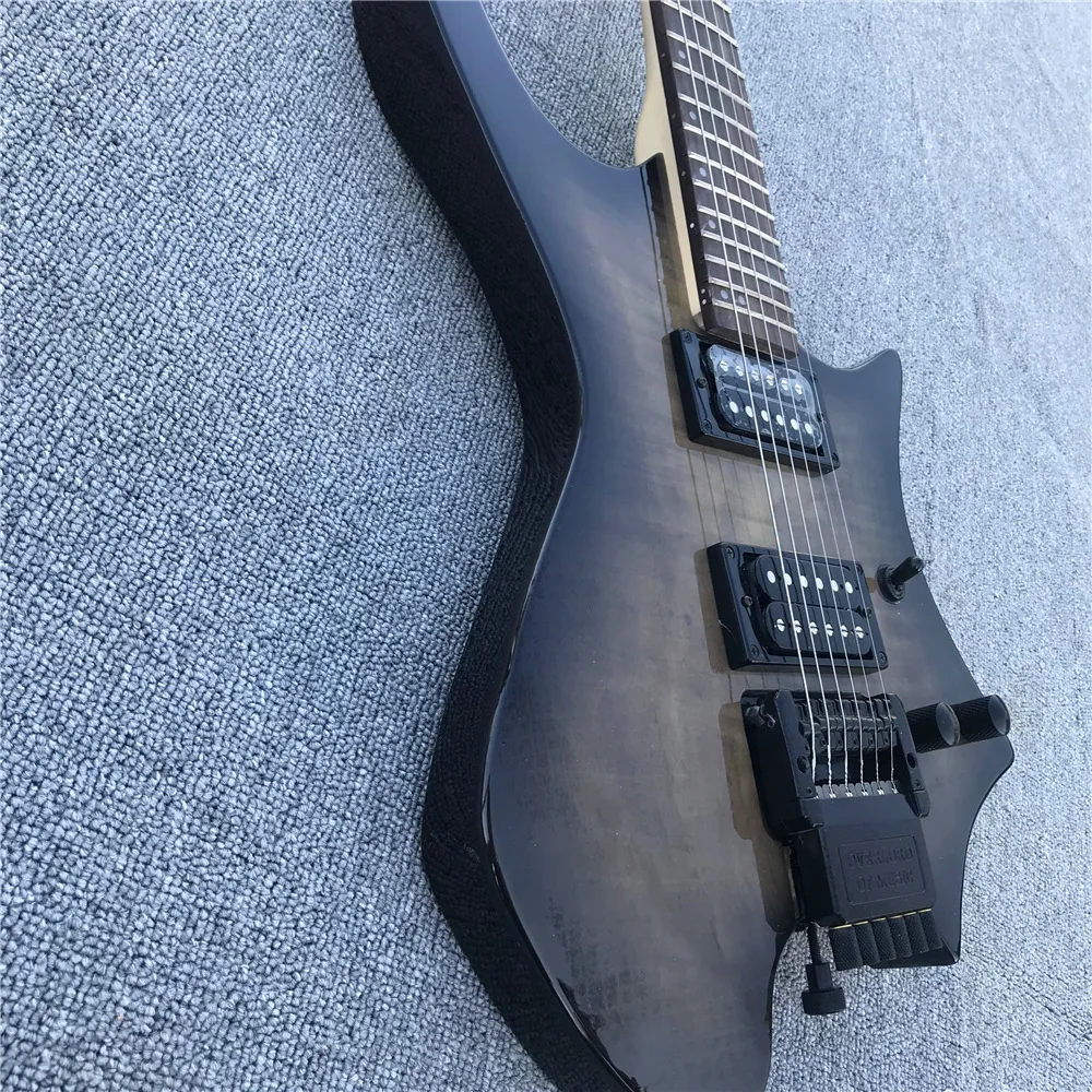 Free shipping transblack body headless electric guitar, factory store