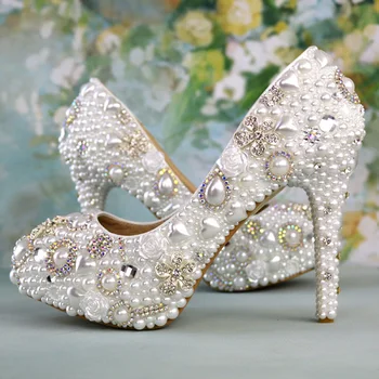 

Handmade Married White High-heeled Platforms Spring Party Prom Pumps White Pearl Shoes Rhinestone Lady Wedding Shoes Plus Size