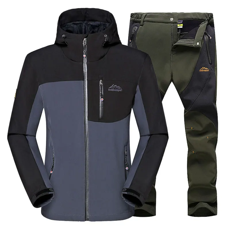 Gray Green suit Зимние Пеший Туризм Куртка Водонепроницаемый Рыбалка Лыжный спорт Теплая Флисовая Пеший Туризм на открытом воздухе походы комплект 5XL скалолазанием Человек Куртка для кемпинга - Цвет: Gray Green suit