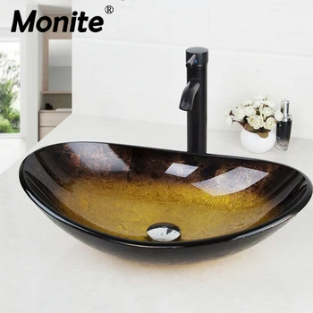 

Monite Yellow Brown Bathroom Tempered Glass Oval Wash Basin ORB Faucet Sink Combo Set Chrome Pop Up Sink Drain Faucet Set
