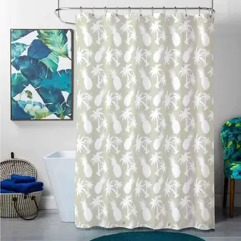 

Shower Curtains Dog Pineapple Decor,Silhouettes Coconut Palm Trees and Pineapples Floral Repeating Background Stylized Art,W72 x