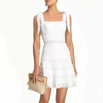

Miss Water 2020 New Summer Women White Sleeveless Dress Sexy Lace Black Bow Spaghetti Strap Club Celebrity Evening Party Dress
