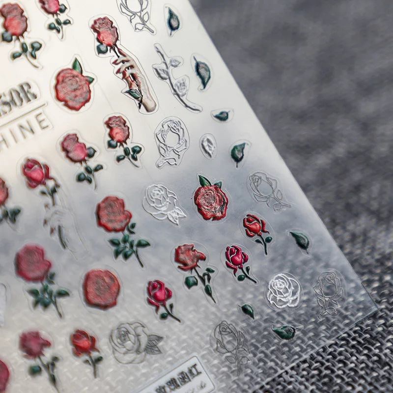 

New 5D Engraved Nail Sticker Pretty Red Blue Color Rose Flower Shape Charm Desgin Empaistic Nail Slide Decals Z0381