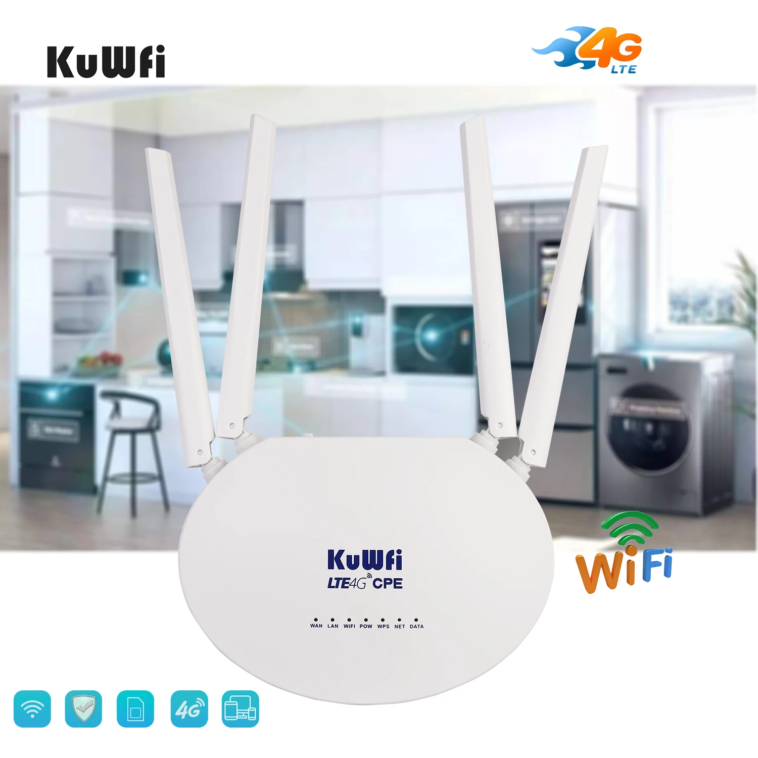 KuWFi 4G LTE Wifi Router 300 Мбит / с 3G / 4G Беспроводной CPE-маршрутизатор с поддержкой слотов для SIM-карт 4G в LAN с 4шт антеннами до 32 пользователей