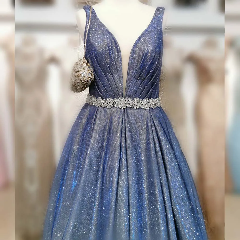 In Stock Dress Long Blue Prom Dresses Elegant V Neck Bling Fabric Formal Ball Gown Party Sleeveless
