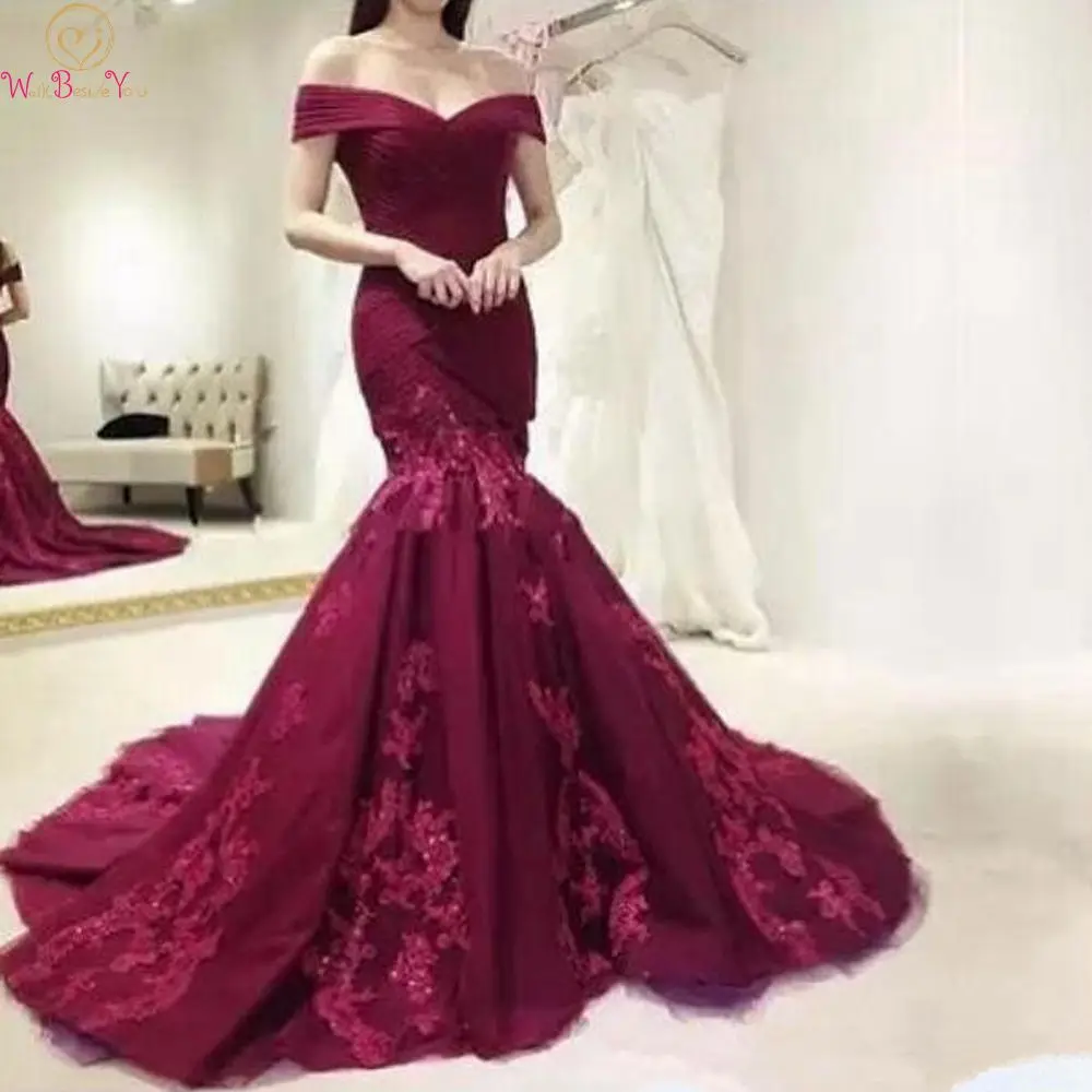 

Wine Red mermaid Long Evening Dresses 2020 Off Shoulder robe de soiree abendkleider Formal Party Prom Gowns vestidos elegantes