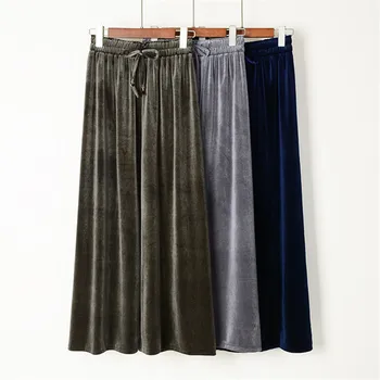 

Uumaysari boutique autumn new elastic high waist lace up loose solid velvet wide leg pants 9-point casual pants