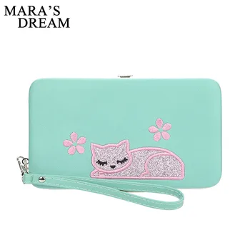 

Mara's Dream 2019 New Ladies Lunch Box Wallet Phone Bag Long Section 3 Fold Clutch Bag Fashion Multi-Function Cat Embroidered