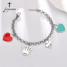 Letdiffery Клевер нержавеющая сталь Корона талисманы браслет красный синий любовь сердце Эмаль женские браслеты подарки на день рождения